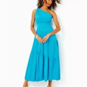 Lilly Pulitzer Tangier Teal One Shoulder Maxi Sundress